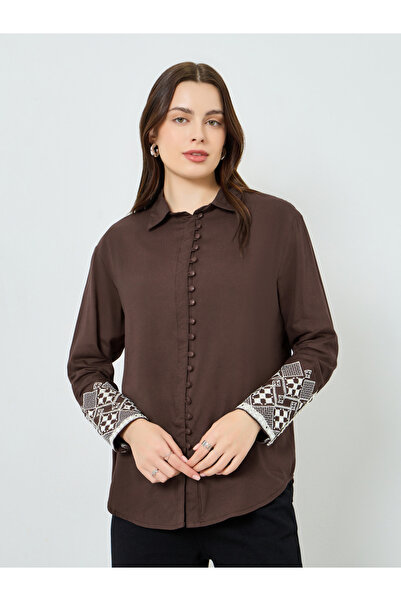 Styli Women Brown Embroidered Cuff Long Sleeve Shirt