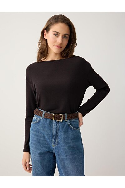 Jimmy Key Кафява блуза с дълъг ръкав и деколте под брадавица, изработена от м...