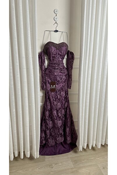 Ora فستان موف دانتيل فرنسي وتطريز يدوي