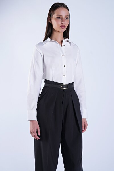 Trend Alaçatı Stili Women's White Gold Pearl Button Detailed Slim Fit Poplin ...