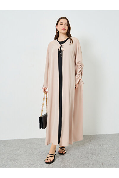 Styli Women Beige Drawstring Sleeve Front Tie Abaya