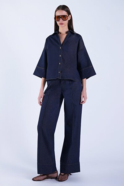 Trend Alaçatı Stili Women's Navy Blue High Waist Folded Leg Jeans Trousers an...