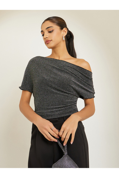 Styli Women Black Shimmer Asymmetric Neck Top