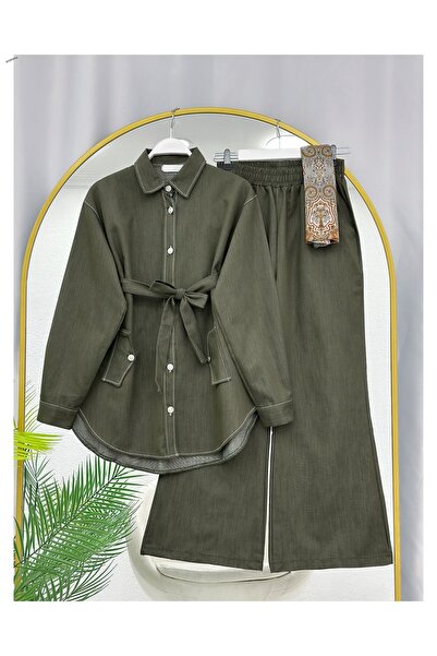 YEDİLALE Belted Wide-Leg Denim Shirt and Pants Two-Piece Set [Excluding Shawl]