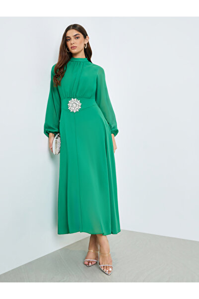 Styli Women Green Embellished Waist Maxi Dress