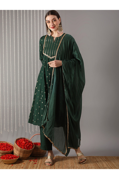 Globus By Styli Women Green Embroidered A-Line Kurta with Pant and Dupatta Set