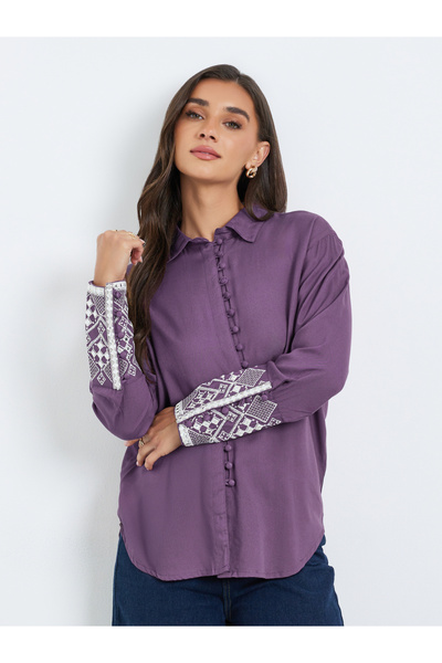 Styli Women Purple Embroidered Cuff Long Sleeve Shirt