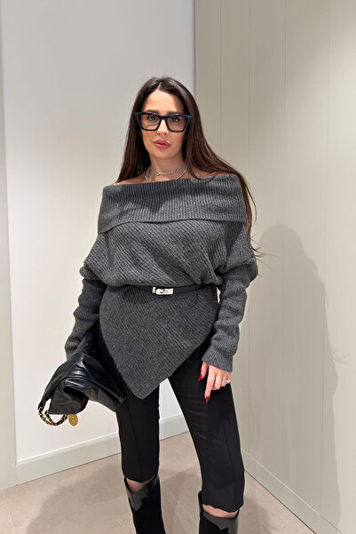 My Blog Anthracite Boat Neck Asymmetrical Sweater - 251193