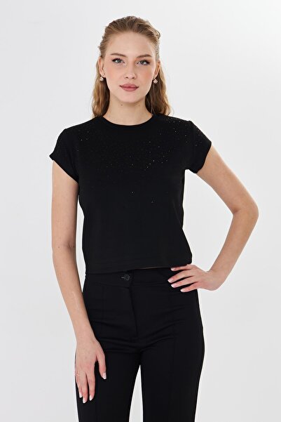 Sortie Women's Spliced Stone Crew Neck Modal Fabric Black Color Basic Tshirt