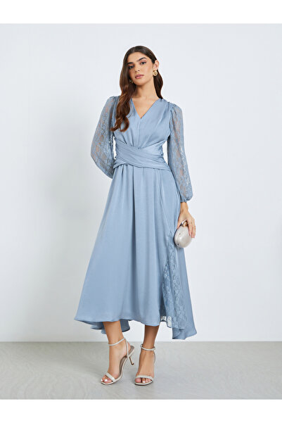 Styli Women Blue Lace Sleeves A-Line Midi Dress