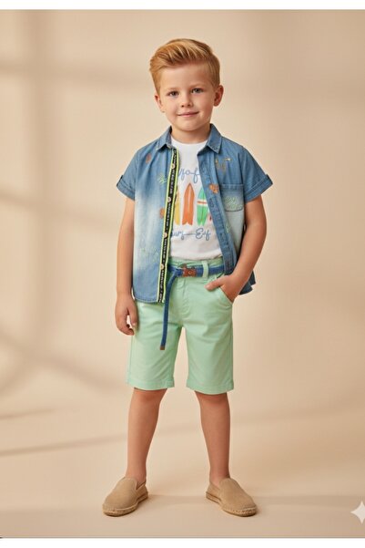 Bebüş Boy's Short Sleeve T-Shirt Denim Shirt Adjustable Elastic Waist Denim L...