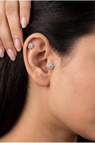 staınless steel Cerrahi Çelik Silver Zümrüt Taş Detaylı Tragus & Helix Piercing