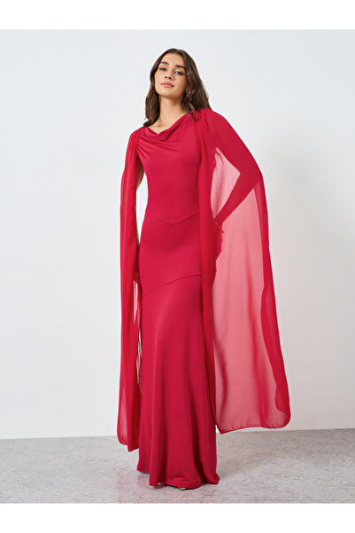 Styli Women Red Cape Sleeve Maxi Dress