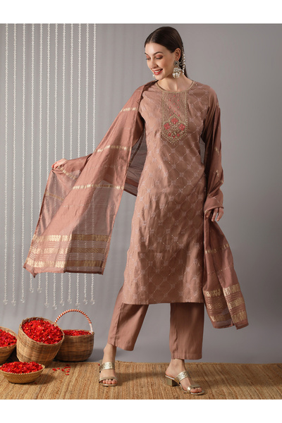 Globus By Styli Women Pink Straight Kurta with Pant and Dupatta Set
