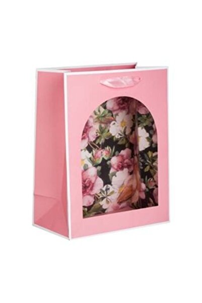 SHOPIENS Pink Gift Bag with Window & Flowers with Bird 18 x 10 x 23 cm