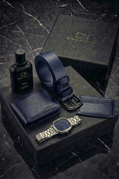 Duke Nickle Erkek Gümüş Kol Saati Lacivert Kemer Cüzdan Kartlık Parfüm Hediye...