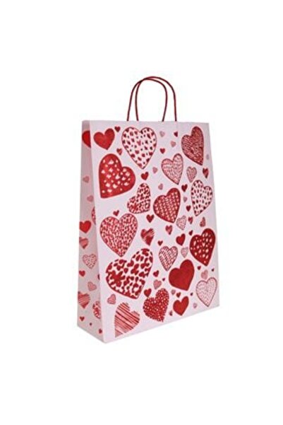 SHOPIENS Pink Gift Bag with Red Heart Pattern & Glitter 32 x 11 x 42 cm