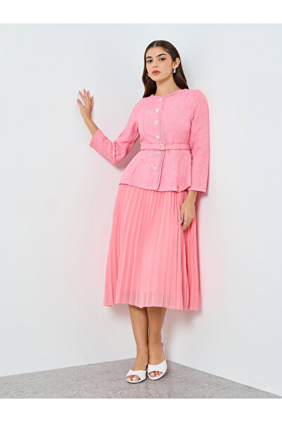 Styli Women Pink Tweed Midi Dress with Belt