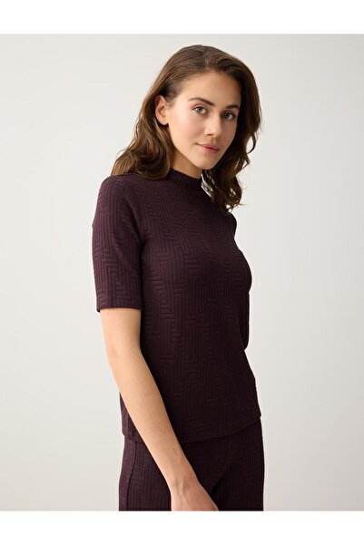 Jimmy Key Kahverengi Yarım Balıkçı Yaka Kısa Kollu Desenli Örme Bluz