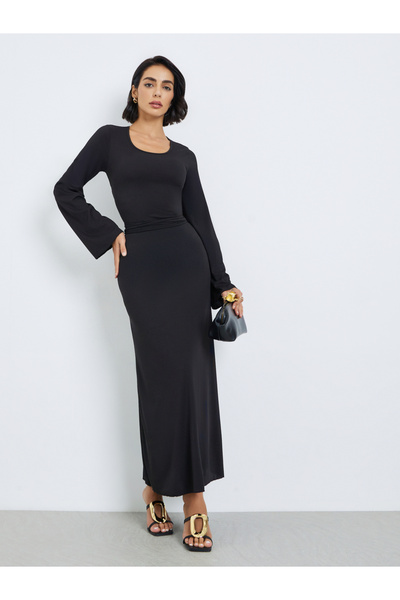 Styli Women Black Ribbed Bodycon Maxi Dress