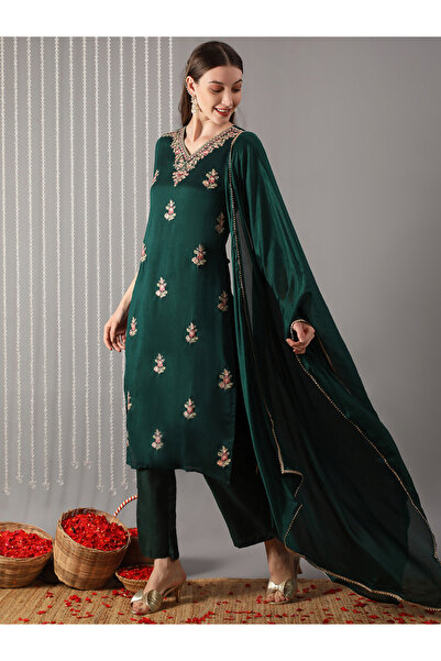 Globus By Styli Women Green Embroidered Straight Kurta with Pant and Dupatta Set