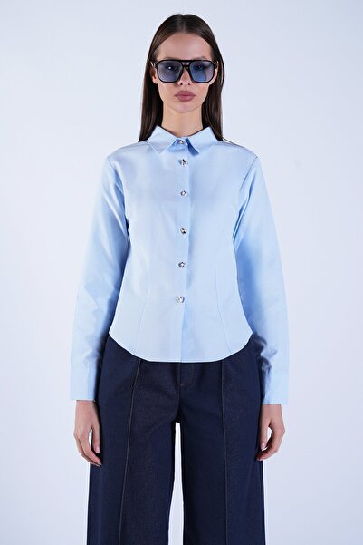 Trend Alaçatı Stili Women's Blue Gold Pearl Button Detailed Slim Fit Poplin S...