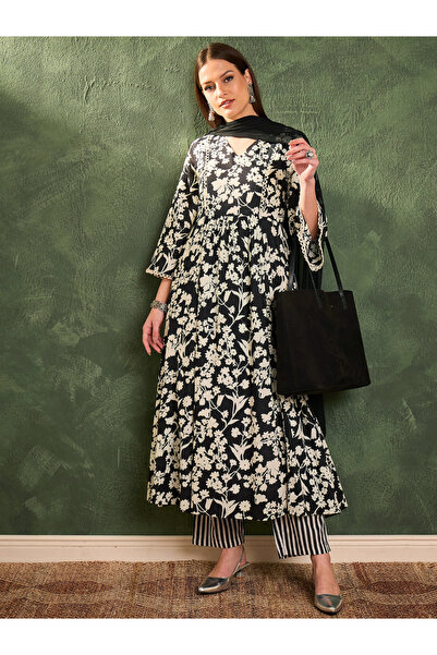 Sassafras By Styli Women Printed Straight Cotton Kurta with Pants and Dupatta...