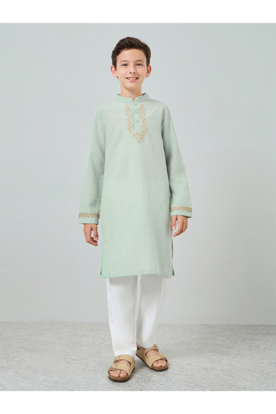 Styli Boys Green Embroidered Kurta with Pants Set