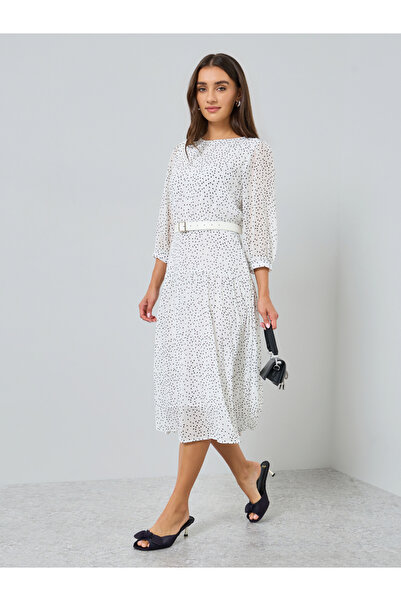 Styli Women White Polka Dot Print A-Line Midi Dress