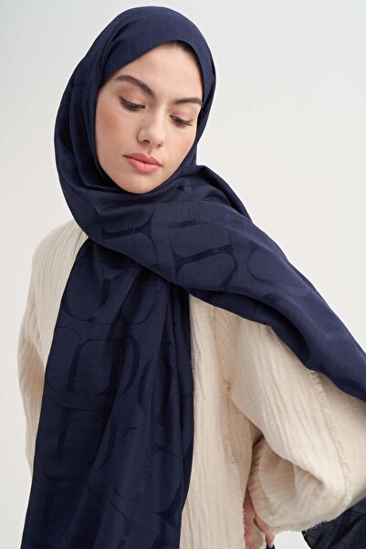 carell Monogram Desen Rina Floş Jakar Şal Koyu Lacivert