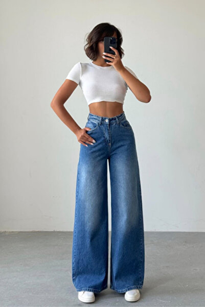 Swana Pantaloni de damă extra largi din denim - Albastru denim