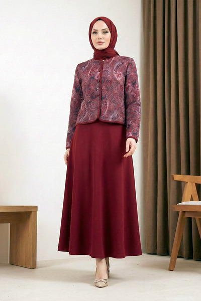 MODAQU Authentic Pattern Scuba Skirt Suit - Burgundy