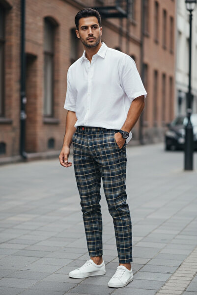 dehaine Men's casual pants, plaid, Slim Fit, Navy blue, B8508