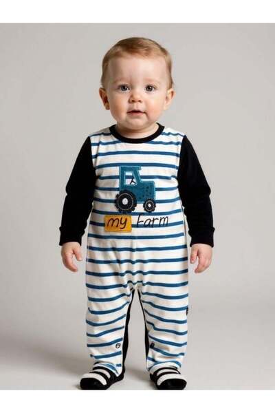 Zekids Baby Boy Tractor Printed Winter Velvet Striped Overalls with Booties