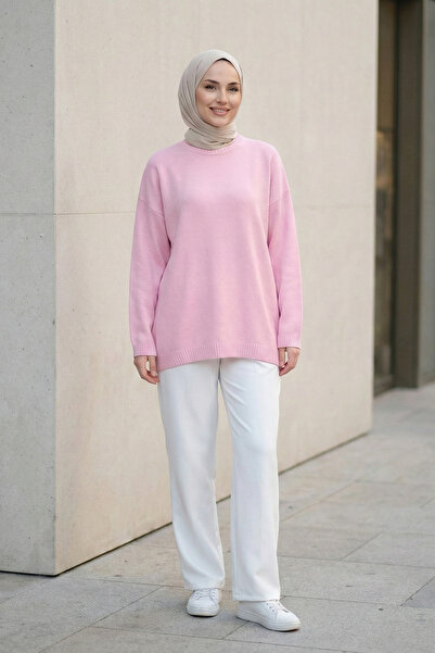 Kirazgym Women's Round Neck Casual Soft Knitwear Sweater Tunic - Powder