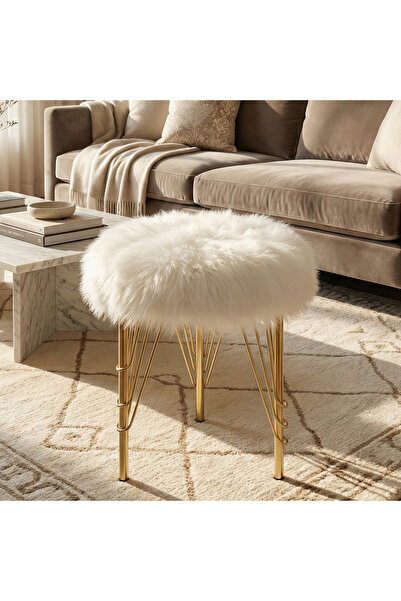 Ratemo Mobilya Beyaz Peluş Puf Tabure, Metal Ayaklı Yumuşak Oturma Pufu (38x3...