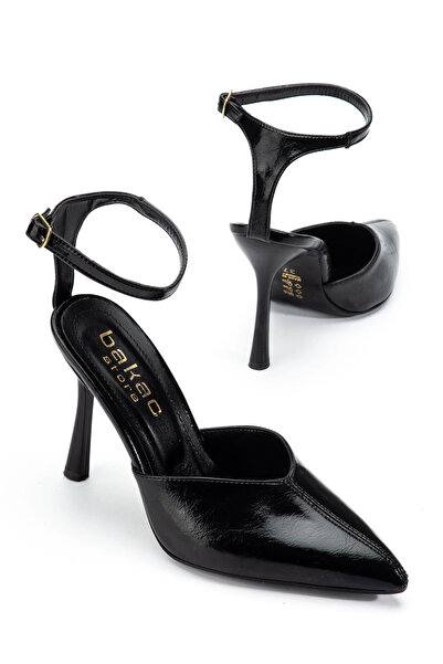 bakacstore Pantofi cu toc pentru femei, din piele lacuită neagră, cu cusături...