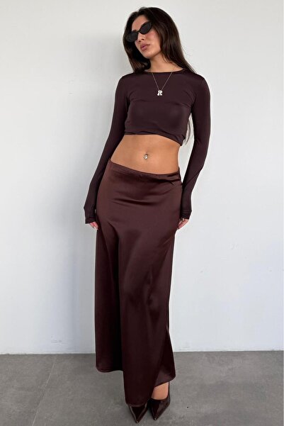 Madmext Горчиво кафе сатенена елегантна дамска пола с дължина до коляното MG2637