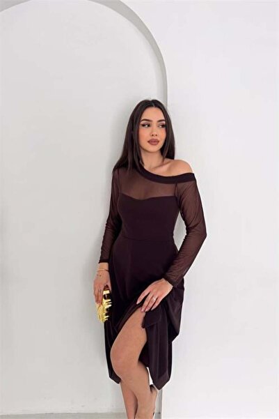 Dipmoda Γυναικείο καφέ φόρεμα Διαφανές με λεπτομέρειες, με έναν ώμο και μακρύ...