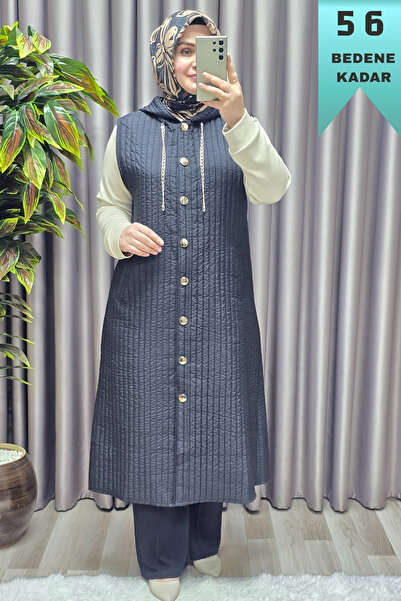 Elmas Tesettür Women's Clothing Plus Size Hooded Chain Detailed Ray Pattern Q...