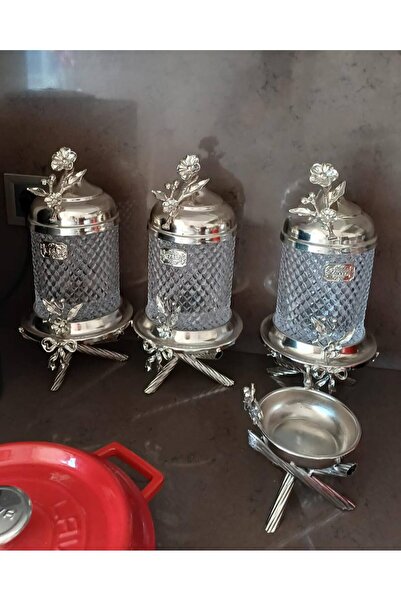 AZADE BAKIR Silver Brass Japongül Footed Crystal Jar Set of 3