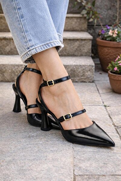 MODAONN Pantofi cu toc subțire, cu curea la gleznă, din piele lăcuită, pentru...