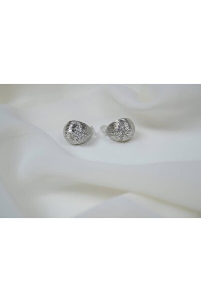 ATELİER TUĞBA Kp182 Silver Color Star-Detail Textured Oval Earrings (15 mm)