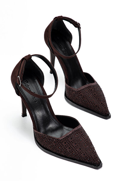 bakacstore Pantofi cu toc din piele intoarsa, maro, stralucitori, pentru femei