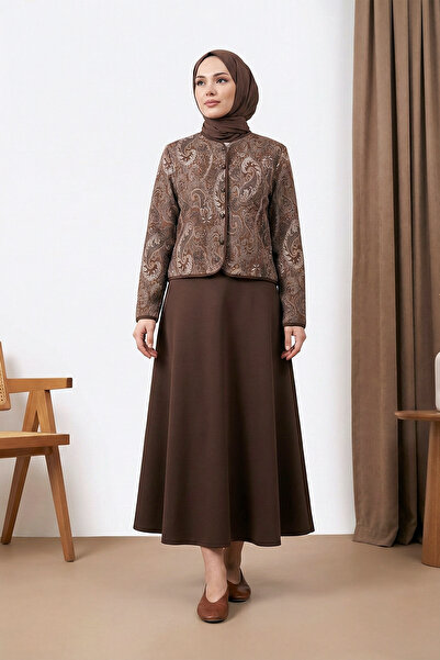 MODAQU Authentic Pattern Scuba Skirt Suit - Brown