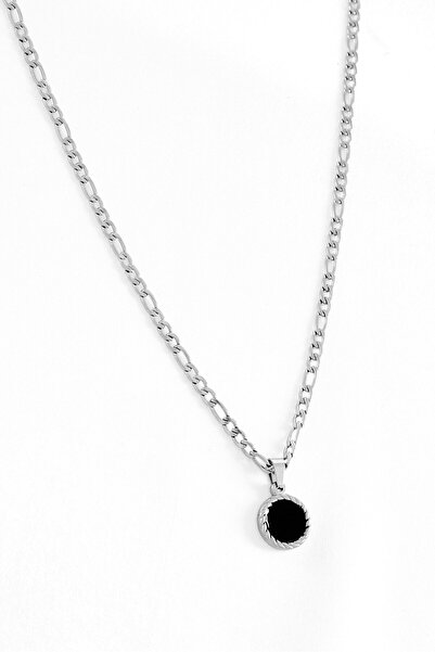 Steeltime Men Stainless Steel Round Black Enamel Pendant Necklace, Silver