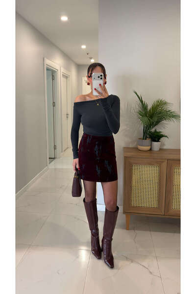 BİRCANÇİL Jagro Navy Blue Burgundy Flock Printed Skirt