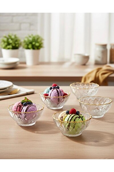 zaTen Pazar 6’lı Gold Yaldızlı Elmas Kesim Cam Kase Sunum Seti - Dondurmalık ...