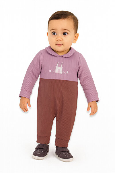 Lilo Co Baby Long Sleeve Ribbed Romper with Embroidered House – Pink/Brown