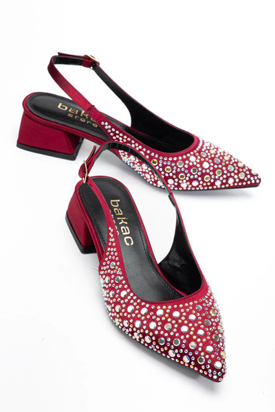 bakacstore Pantofi cu toc din țesătură de satin burgundy pentru femei, cu dia...